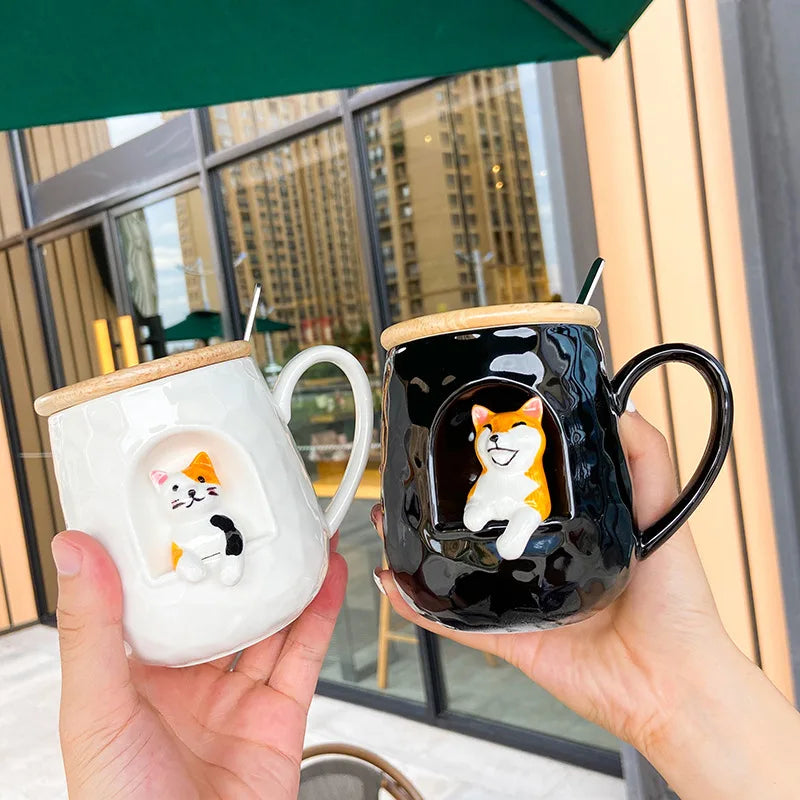 3D relief ceramic Mug with lid spoon personality coffee Mugs spoon animal firewood dog cup teacup