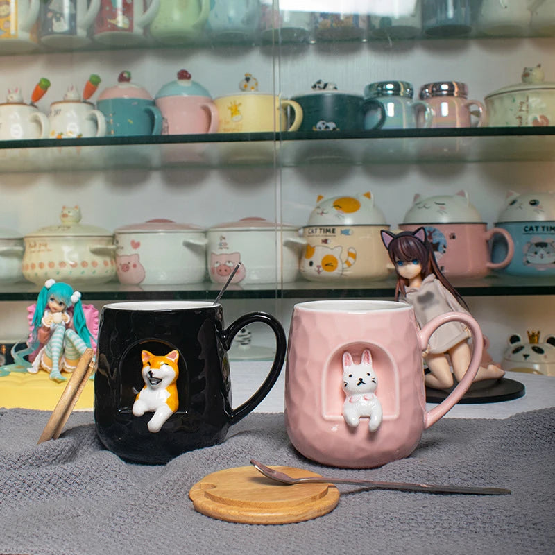 3D relief ceramic Mug with lid spoon personality coffee Mugs spoon animal firewood dog cup teacup
