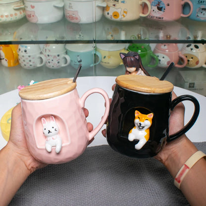 3D relief ceramic Mug with lid spoon personality coffee Mugs spoon animal firewood dog cup teacup