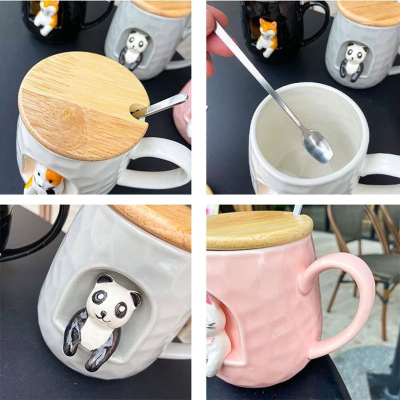 3D relief ceramic Mug with lid spoon personality coffee Mugs spoon animal firewood dog cup teacup
