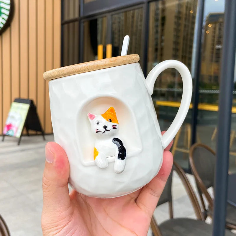 3D relief ceramic Mug with lid spoon personality coffee Mugs spoon animal firewood dog cup teacup