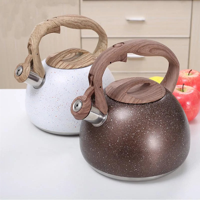 3L Stainless Steel Large Capacity Whistle Kettle Gas Cooker Induction Kettle Wood Grain Handle Flat Bottom Kettle Teapot