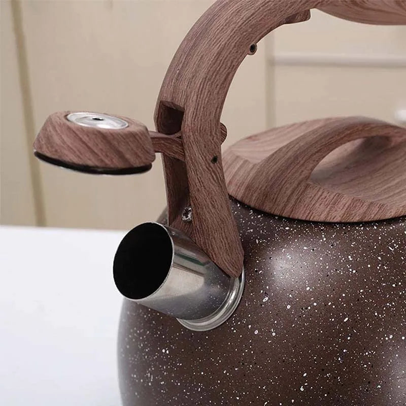 3L Stainless Steel Large Capacity Whistle Kettle Gas Cooker Induction Kettle Wood Grain Handle Flat Bottom Kettle Teapot