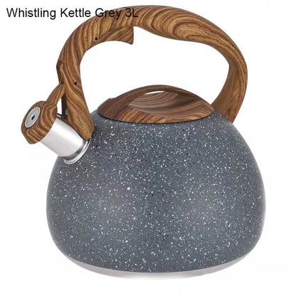 3L Stainless Steel Large Capacity Whistle Kettle Gas Cooker Induction Kettle Wood Grain Handle Flat Bottom Kettle Teapot