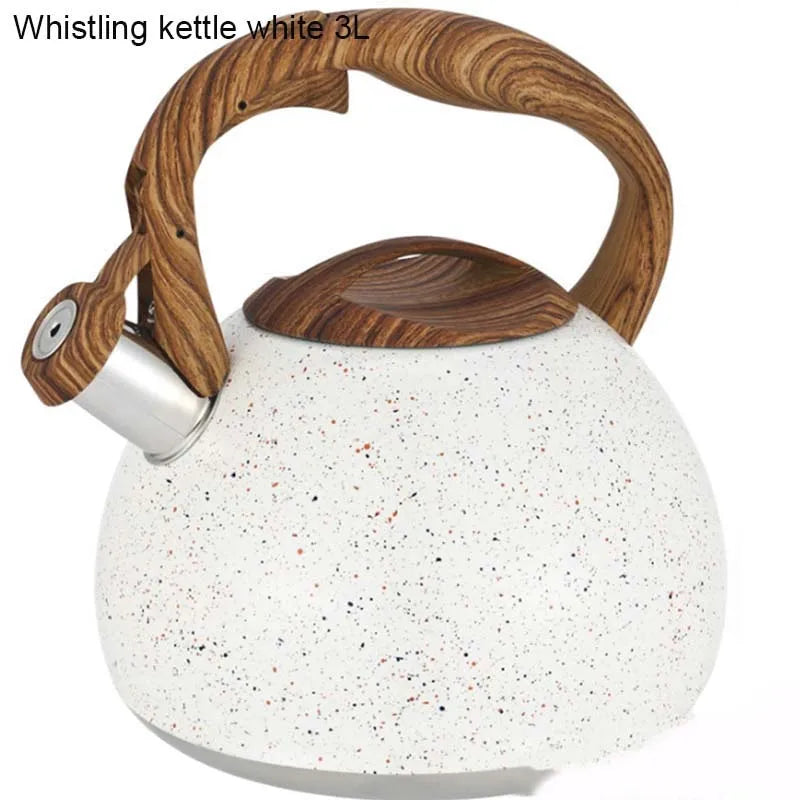 3L Stainless Steel Large Capacity Whistle Kettle Gas Cooker Induction Kettle Wood Grain Handle Flat Bottom Kettle Teapot
