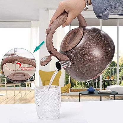 3L Stainless Steel Large Capacity Whistle Kettle Gas Cooker Induction Kettle Wood Grain Handle Flat Bottom Kettle Teapot