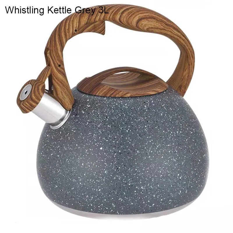 3L Stainless Steel Large Capacity Whistle Kettle Gas Cooker Induction Kettle Wood Grain Handle Flat Bottom Kettle Teapot