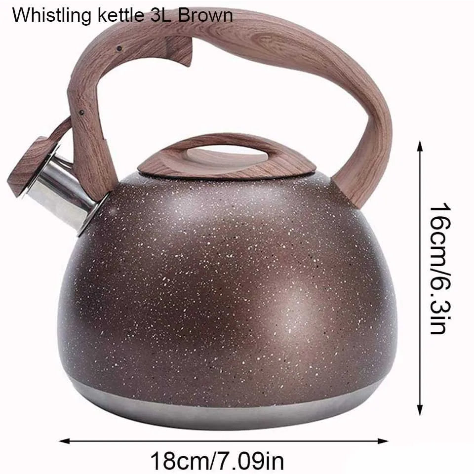 3L Stainless Steel Large Capacity Whistle Kettle Gas Cooker Induction Kettle Wood Grain Handle Flat Bottom Kettle Teapot
