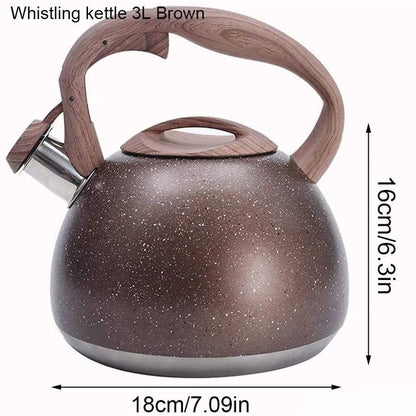3L Stainless Steel Large Capacity Whistle Kettle Gas Cooker Induction Kettle Wood Grain Handle Flat Bottom Kettle Teapot
