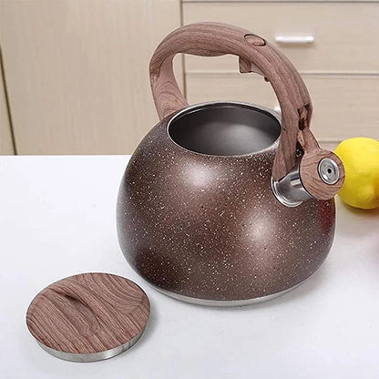 3L Stainless Steel Large Capacity Whistle Kettle Gas Cooker Induction Kettle Wood Grain Handle Flat Bottom Kettle Teapot
