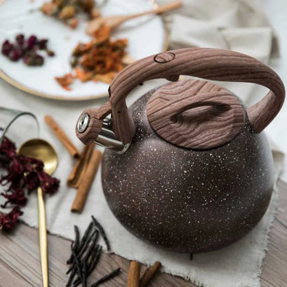 3L Stainless Steel Large Capacity Whistle Kettle Gas Cooker Induction Kettle Wood Grain Handle Flat Bottom Kettle Teapot