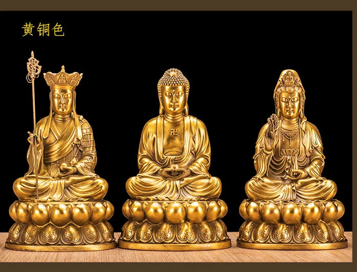 3P -26CM Sakyamuni Ksitigarbha GUANYIN THREE Buddha figures HOME family  Protection feng shui copper Sculpture statue