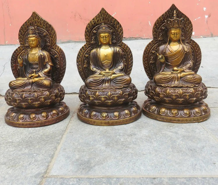 3P--Buddhism home efficacious Protection-Three saints Buddha Ksitigarbha Avalokitesvara Amitabha Lotus Buddha gold copper statue