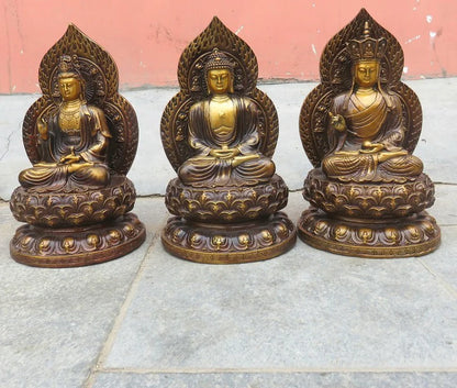 3P--Buddhism home efficacious Protection-Three saints Buddha Ksitigarbha Avalokitesvara Amitabha Lotus Buddha gold copper statue