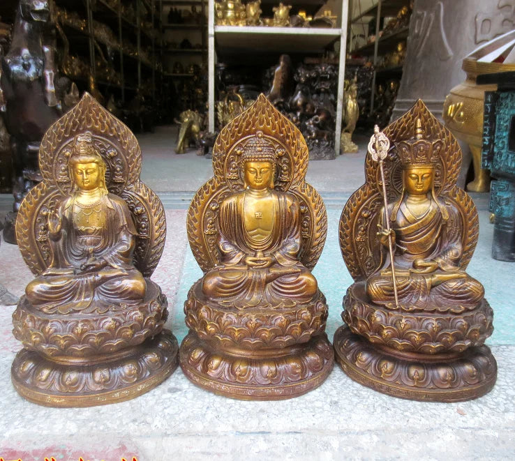 3P--Buddhism home efficacious Protection-Three saints Buddha Ksitigarbha Avalokitesvara Amitabha Lotus Buddha gold copper statue
