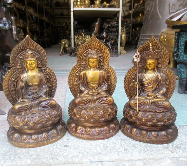 3P--Buddhism home efficacious Protection-Three saints Buddha Ksitigarbha Avalokitesvara Amitabha Lotus Buddha gold copper statue
