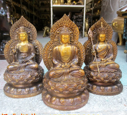 3P--Buddhism home efficacious Protection-Three saints Buddha Ksitigarbha Avalokitesvara Amitabha Lotus Buddha gold copper statue