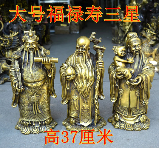 3P Copper Gods statue FU LU SHOU Three Stars of Luck HOME company hall thriving business Money Drawing Good luck brass statue