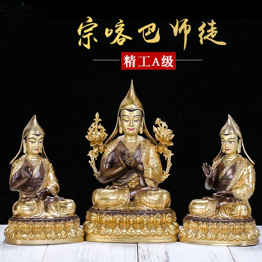 3PCS  TOP GOOD BUDDHA family efficacious Protection Buddhist Buddhism Gold-plated Tibet Gelugpa tsongkhapa brass Buddha statue