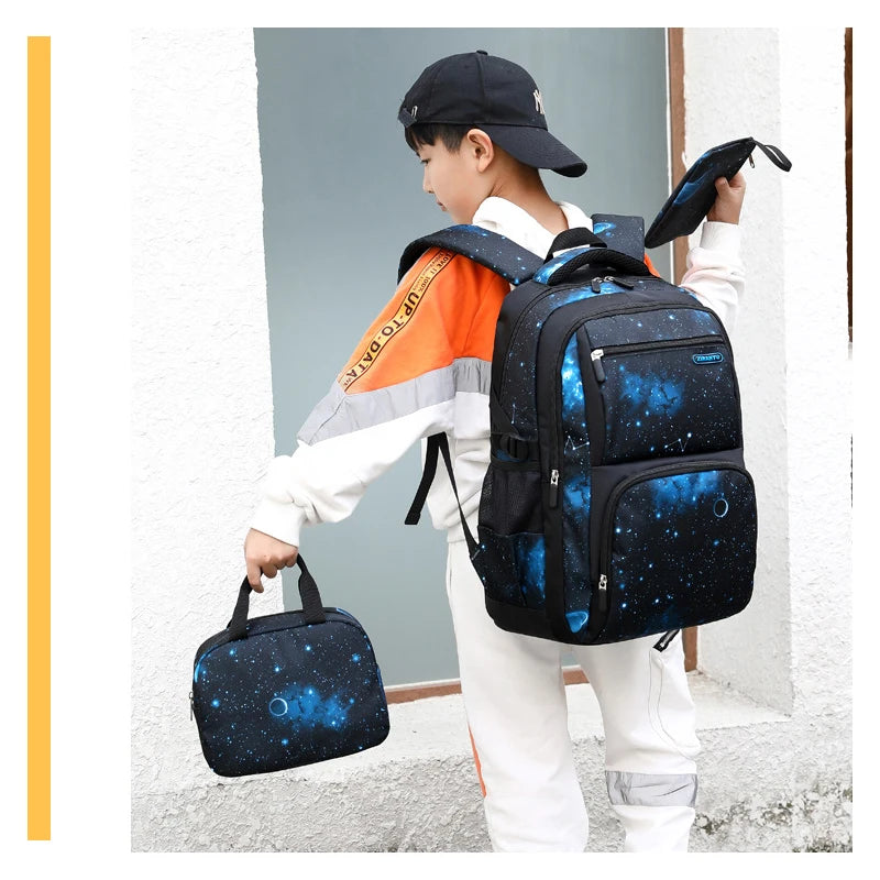 3Pcs Set Children's Backpacks Starry sky Pattern Student School Bag for Boys Waterproof School bag With Lunch bag Pencil Case