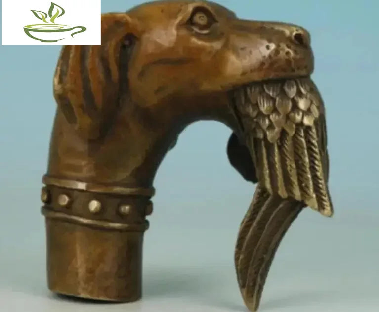 Chinese Old Bronze Hand Carved Dog Bitten Birds Statue Cane Walking Stick Head