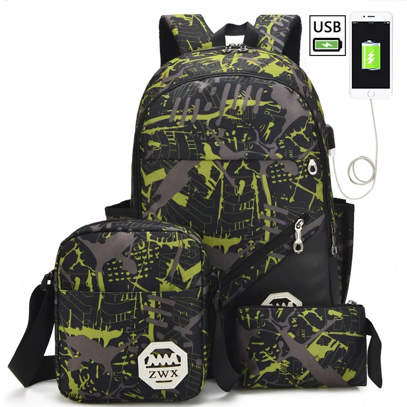 3pcs/set School Backpack For Teenagers Boys School Bags Fashion Children Waterproof Students Backpack Kids Mochila Escolar