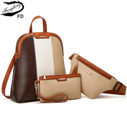 3pcs/set fashion backpack woman leather backpack female shoulder bag waist bag leather purse clutch bag credit card holder gift