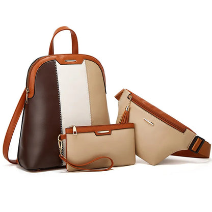 3pcs/set fashion backpack woman leather backpack female shoulder bag waist bag leather purse clutch bag credit card holder gift