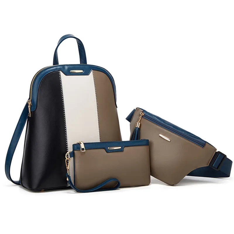 3pcs/set fashion backpack woman leather backpack female shoulder bag waist bag leather purse clutch bag credit card holder gift