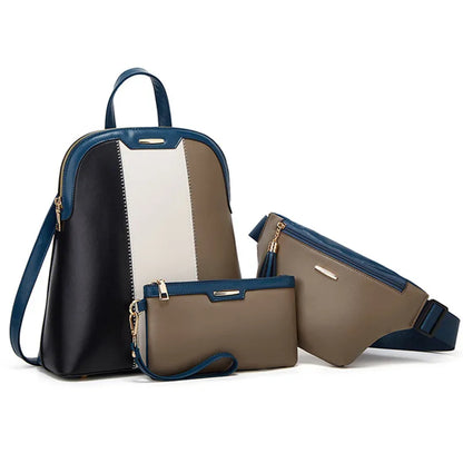 3pcs/set fashion backpack woman leather backpack female shoulder bag waist bag leather purse clutch bag credit card holder gift