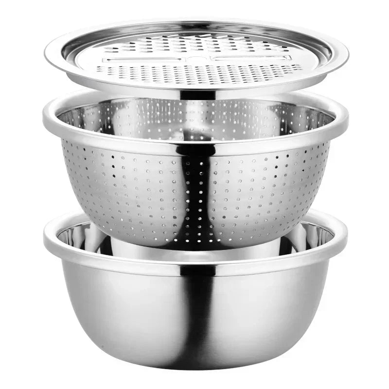 3pcs stainless steel pot vegetable cutter slicer drain basket sieve Colanders Kitchen Tool grater strainer Rice Washing Filter