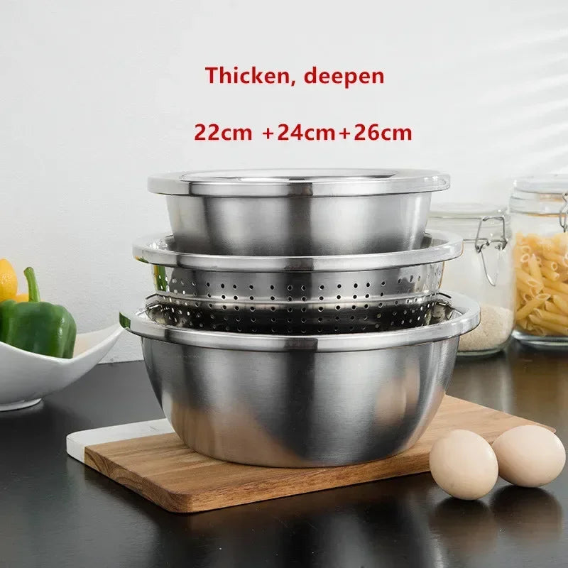 3pcs stainless steel pot vegetable cutter slicer drain basket sieve Colanders Kitchen Tool grater strainer Rice Washing Filter