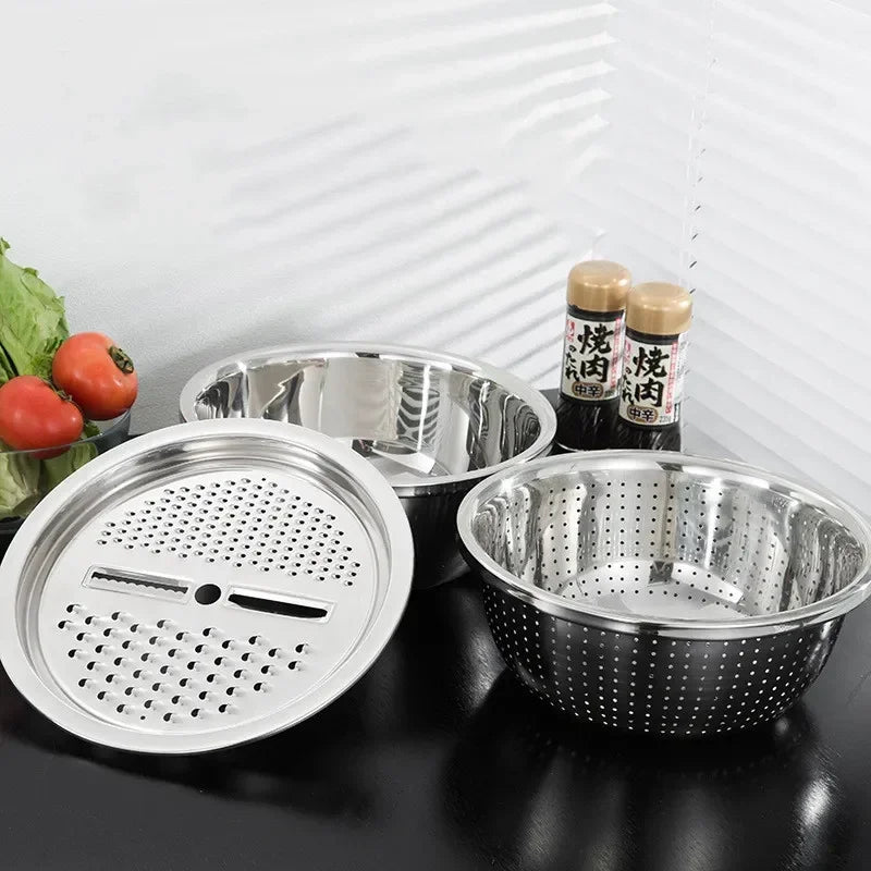 3pcs stainless steel pot vegetable cutter slicer drain basket sieve Colanders Kitchen Tool grater strainer Rice Washing Filter