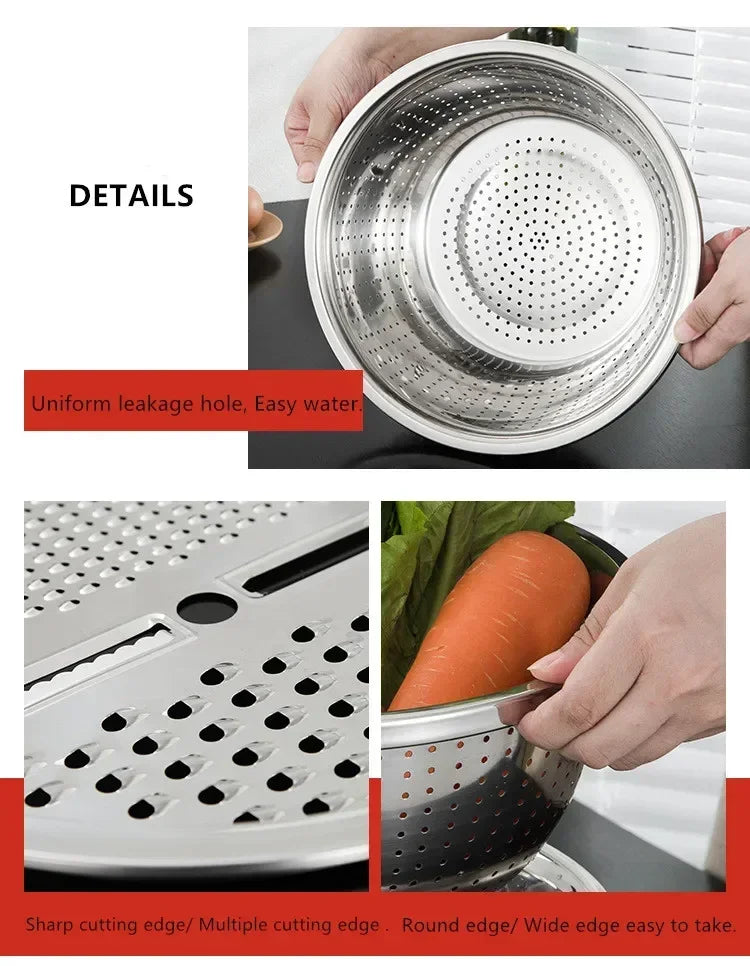 3pcs stainless steel pot vegetable cutter slicer drain basket sieve Colanders Kitchen Tool grater strainer Rice Washing Filter