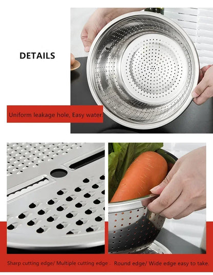 3pcs stainless steel pot vegetable cutter slicer drain basket sieve Colanders Kitchen Tool grater strainer Rice Washing Filter