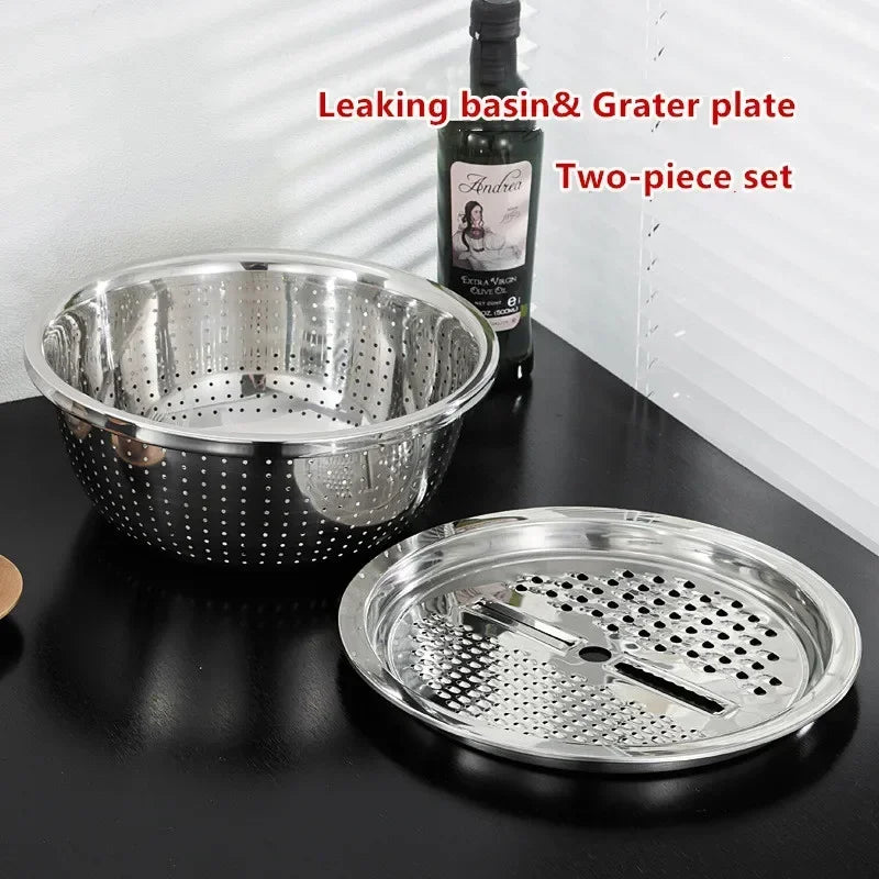 3pcs stainless steel pot vegetable cutter slicer drain basket sieve Colanders Kitchen Tool grater strainer Rice Washing Filter
