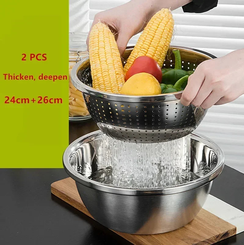 3pcs stainless steel pot vegetable cutter slicer drain basket sieve Colanders Kitchen Tool grater strainer Rice Washing Filter