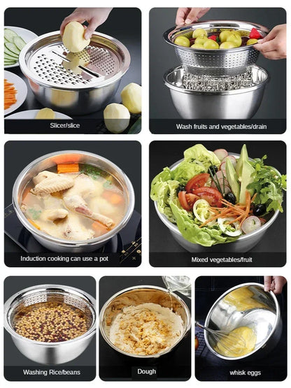 3pcs stainless steel pot vegetable cutter slicer drain basket sieve Colanders Kitchen Tool grater strainer Rice Washing Filter