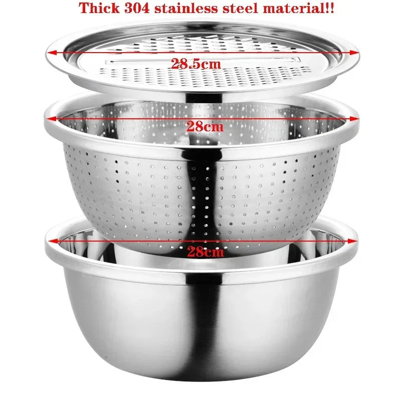 3pcs stainless steel pot vegetable cutter slicer drain basket sieve Colanders Kitchen Tool grater strainer Rice Washing Filter