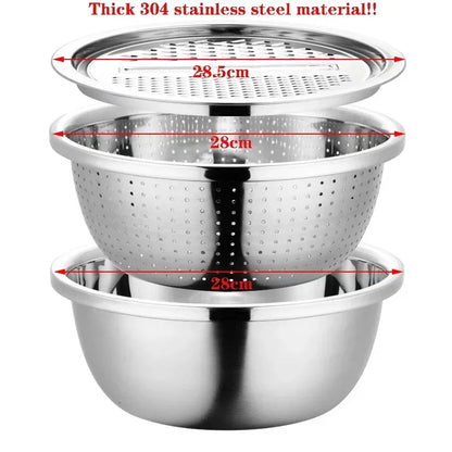 3pcs stainless steel pot vegetable cutter slicer drain basket sieve Colanders Kitchen Tool grater strainer Rice Washing Filter