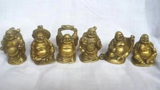 4~5cm,Chinese Brass YuanBao Wealth Money Bag 6 Happy Laughing Maitreya Buddha Statue