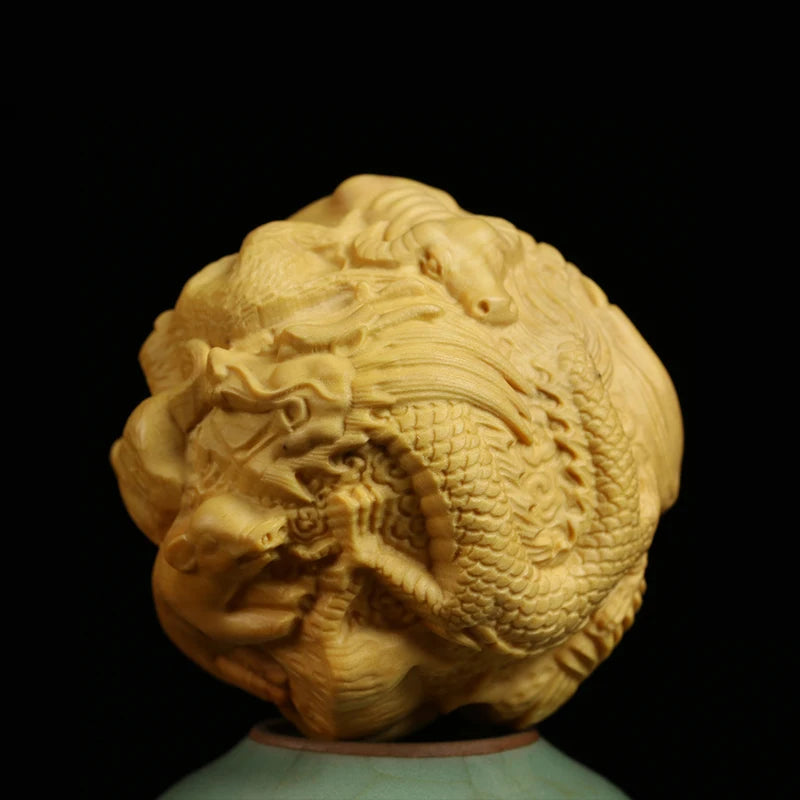 4.5cm Chinese Zodiac Collection Boxwood Carving Solid Wood Statue Fitness Ball Feng Shui Pendent Craft Gift
