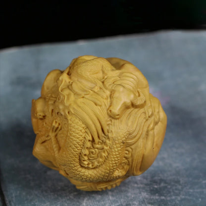 4.5cm Chinese Zodiac Collection Boxwood Carving Solid Wood Statue Fitness Ball Feng Shui Pendent Craft Gift