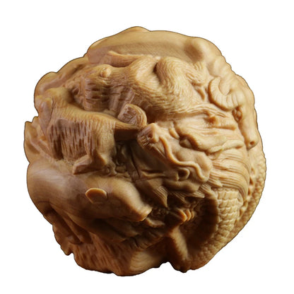 4.5cm Chinese Zodiac Collection Boxwood Carving Solid Wood Statue Fitness Ball Feng Shui Pendent Craft Gift