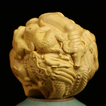 4.5cm Chinese Zodiac Collection Boxwood Carving Solid Wood Statue Fitness Ball Feng Shui Pendent Craft Gift