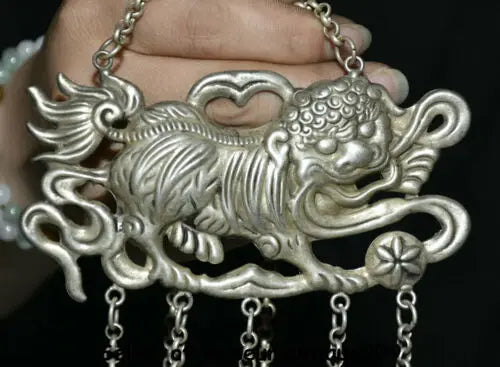 4.6" Old Chinese Miao Silver Dynasty Fengshui Foo Fu Dog Lion Beast Bead Pendant