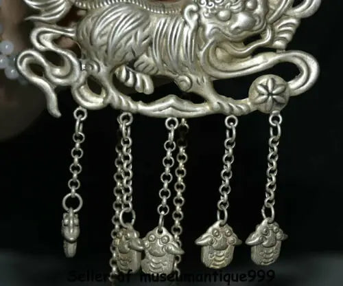 4.6" Old Chinese Miao Silver Dynasty Fengshui Foo Fu Dog Lion Beast Bead Pendant