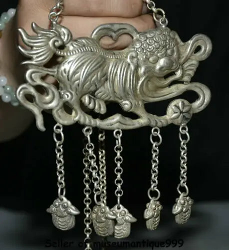 4.6" Old Chinese Miao Silver Dynasty Fengshui Foo Fu Dog Lion Beast Bead Pendant