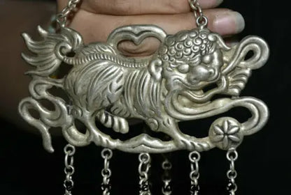 4.6" Old Chinese Miao Silver Dynasty Fengshui Foo Fu Dog Lion Beast Bead Pendant