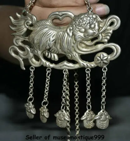 4.6" Old Chinese Miao Silver Dynasty Fengshui Foo Fu Dog Lion Beast Bead Pendant